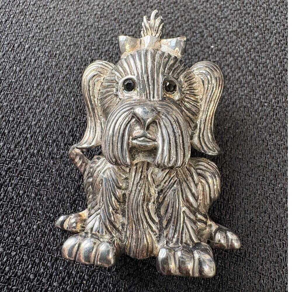 Silver Tone Yorkshire Terrier Brooch/ Pendant Pin Dog w/ Bow